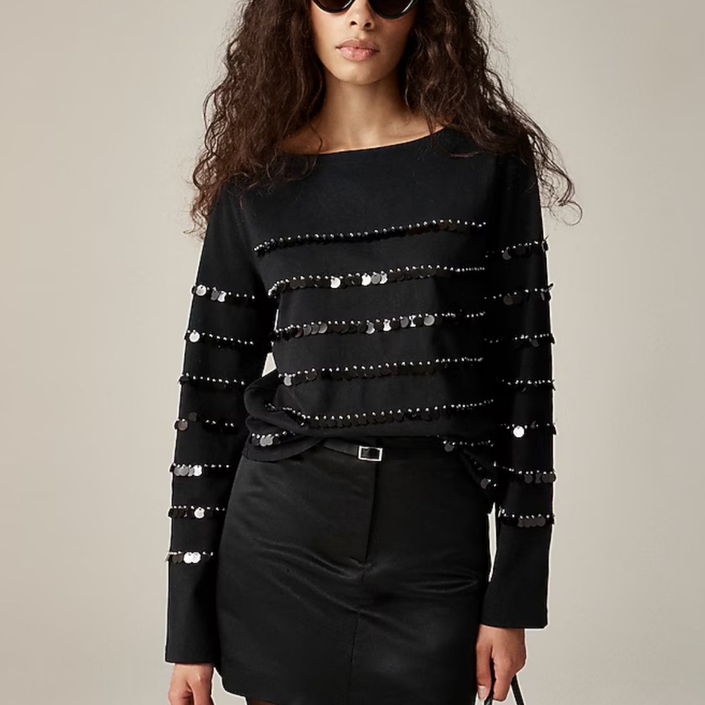 J CREW Heavy jersey black long-sleeve T-shirt with paillette embellishment-med.